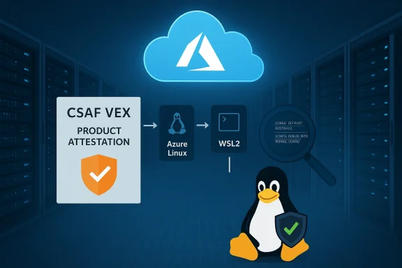 CSAF VEX product attestation flow from cloud to Azure Linux and WSL2, illustrated with Tux.