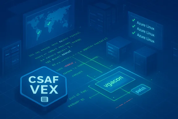 Blue-toned data center scene with CSAF VEX sign, patch button, and server racks.