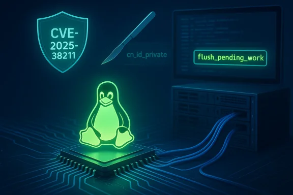 Neon Linux penguin atop a processor amid a security-themed setup showing CVE-2025-38211.