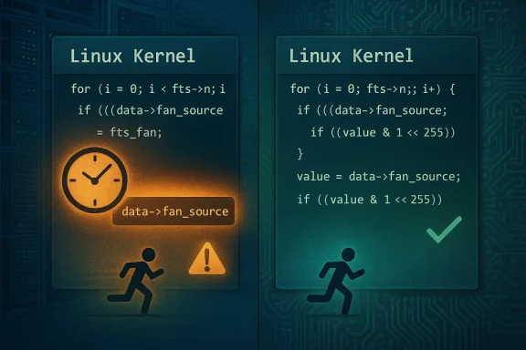 Two Linux Kernel panels: left buggy with a warning, right fixed with a checkmark.