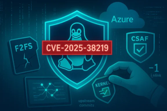 A security shield shows CVE-2025-38219 on Linux, illustrating a software vulnerability.
