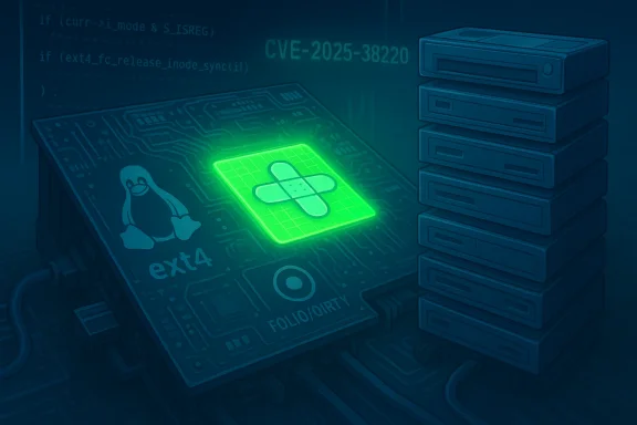 A Linux-themed circuit board with Tux, a glowing green patch, and a server stack, referencing CVE-2025-38220.