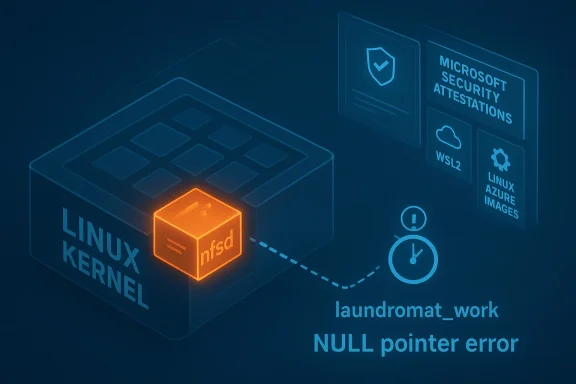 Blue Linux kernel diagram with an orange nfsd block causing a NULL pointer error.