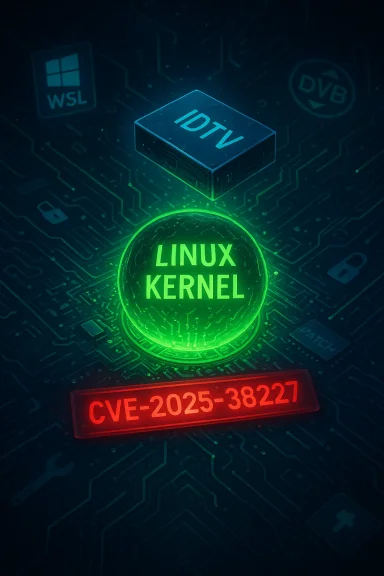 Glowing Linux Kernel emblem on a circuit board with a blue IDTV block and CVE-2025-38227.