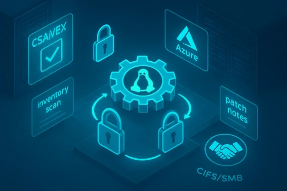Blue holographic illustration of Linux security automation with a gear, locks, and patch/cloud icons.