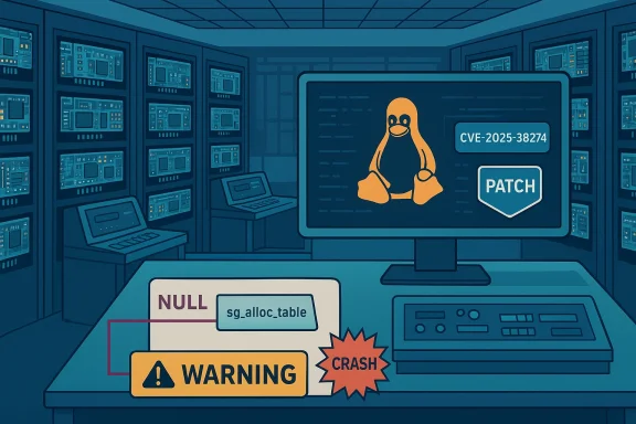 Data center control room with a monitor showing Linux penguin, CVE-2025-38274 patch, and a crash warning.