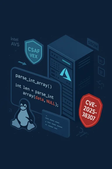 Isometric server with code snippet, Linux mascot, and CVE-2025-38307 shield.