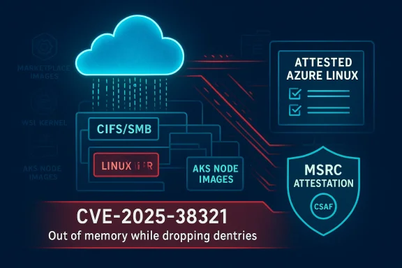 Neon cloud-tech diagram highlighting CVE-2025-38321: out of memory while dropping dentries.