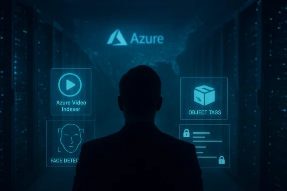 In a data center, a person faces blue holographic Azure panels for video indexing and object tagging.