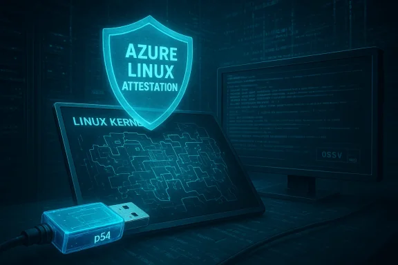 Blue holographic shield reading Azure Linux Attestation hovers over a Linux kernel laptop and code-filled screens.
