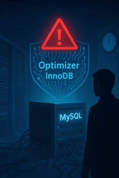 A dark data center featuring a MySQL server and a glowing Optimizer InnoDB warning shield.