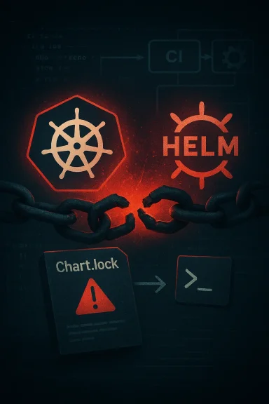 Kubernetes and Helm icons chained and breaking apart, signaling chart.lock risk.