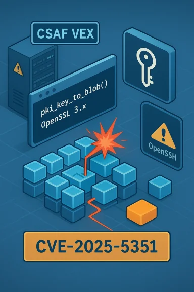 CVE-2025-5351 vulnerability in OpenSSL 3.x/OpenSSH, shown with code, a key, and exploding blocks.