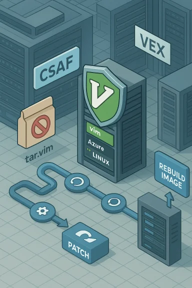 Isometric data center scene featuring Vim, Azure, Linux logos and patch/rebuild imagery.