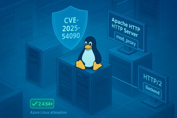 Tux the Linux penguin sits on server racks beside a CVE-2025-54090 shield and Apache HTTP Server mod_proxy.