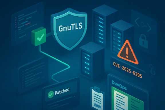Cybersecurity scene with GnuTLS shield, servers, patches, and CVE-2025-6395 warning.