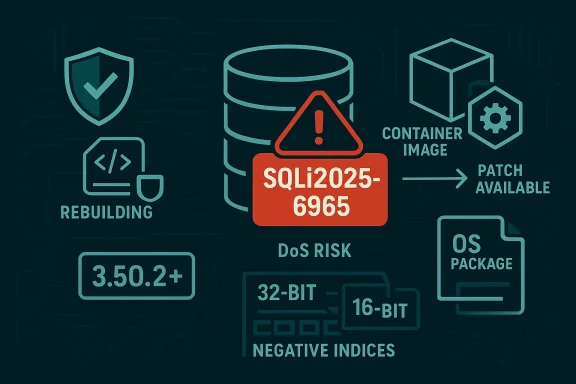 Infographic about the SQLi2025-6965 vulnerability, highlighting risk, patches, and system components.