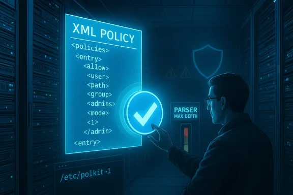 A technician examines a glowing XML policy screen with a large checkmark in a data center.