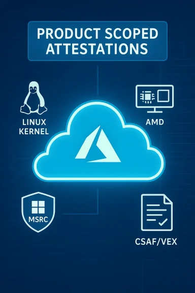 Blue infographic showing product-scoped attestations around a cloud icon, with Linux kernel, AMD, MSRC, and CSAF/VEX.