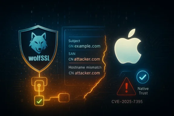 Cybersecurity illustration with a wolfSSL shield and Apple logo, highlighting a hostname mismatch CVE-2025-7395.
