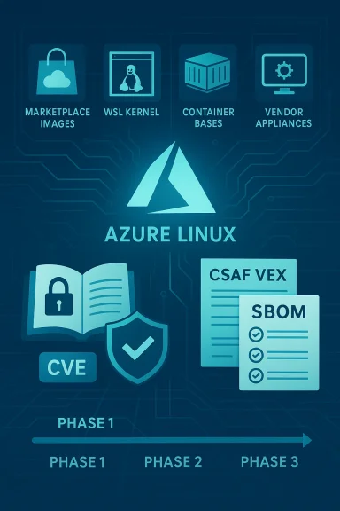 Azure Linux infographic: Marketplace Images, WSL Kernel, Container Bases, Vendor Appliances, CVE, SBOM, CSAF VEX.