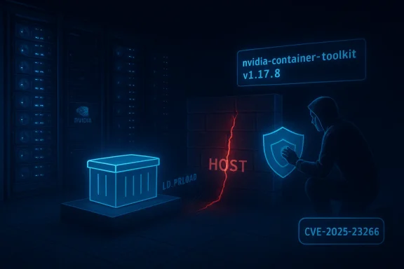 A hooded hacker breaches a host wall in a neon NVIDIA server room, CVE-2025-23266.