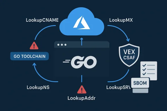 Go toolchain diagram showing cloud lookups (CNAME, MX, NS, SRV) and security artifacts (SBOM, CSAF).