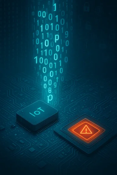 IoT chip emits streams of binary data toward a glowing security warning.