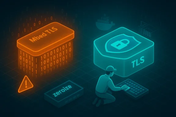 A coder strengthens TLS security, contrasting mbed TLS and TLS with a Zeroize box and warning sign.