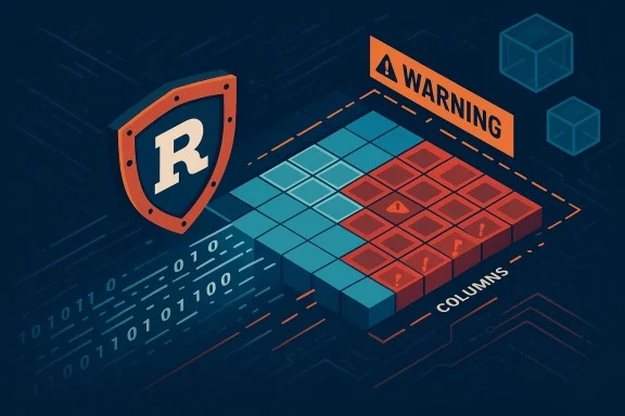 Ransomware warning: data grid with red threat blocks protected by a shield.