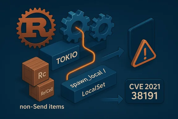 Non-Send Rust items (Rc, RefCell) flow through Tokio LocalSet, highlighting CVE-2021-38191.