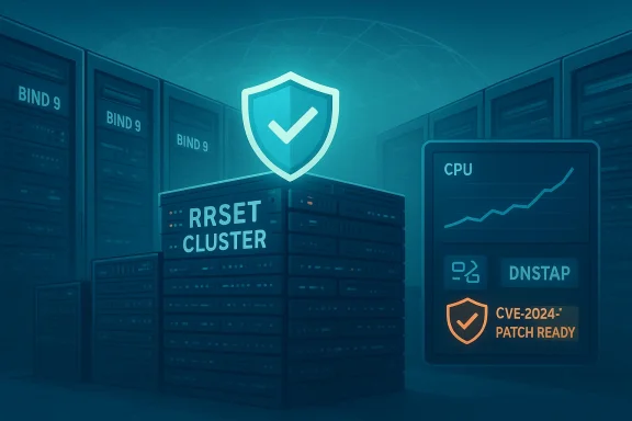 Data center with BIND 9 servers, a shield emblem, RRSET CLUSTER label, and a CPU chart signaling patch readiness.