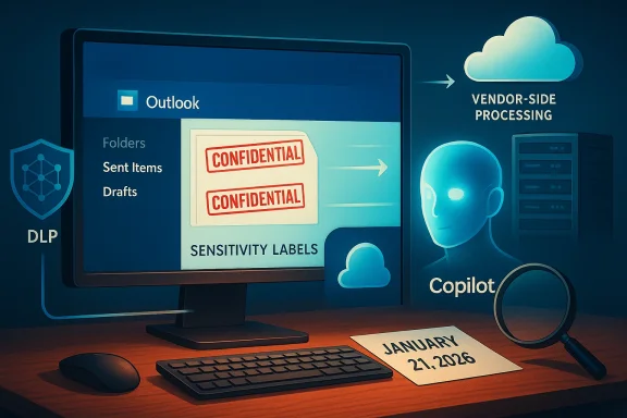 Outlook interface shows confidential stamps and cloud-based data processing imagery.