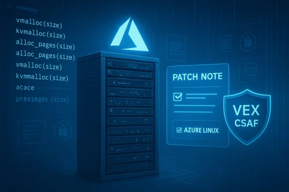 Blue-tinted data center with a server rack, patch-note panel, and VEX CSAF shield.