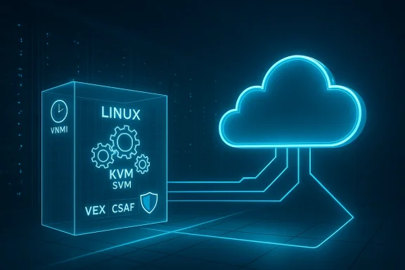 Neon blueprint of a Linux server with KVM gears connected to a cloud.