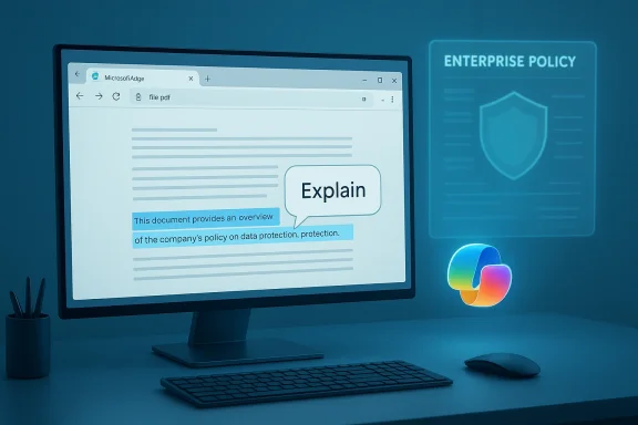 A computer screen shows an 'Explain' bubble over a data protection policy document.