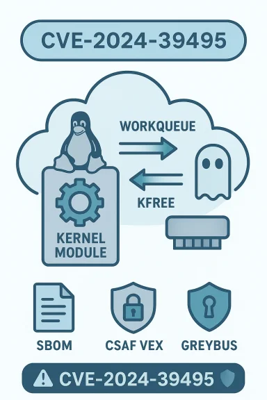 Infographic about CVE-2024-39495: Linux kernel module workqueue vulnerability.