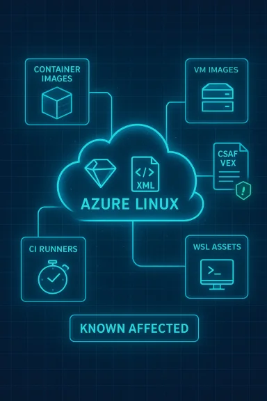 Azure Linux cloud diagram showing container images, VM images, CI runners, WSL assets, and known affected.