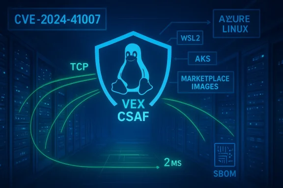 Neon data-center diagram with a Linux shield logo, VEX CSAF, CVE-2024-41007 and cloud references.