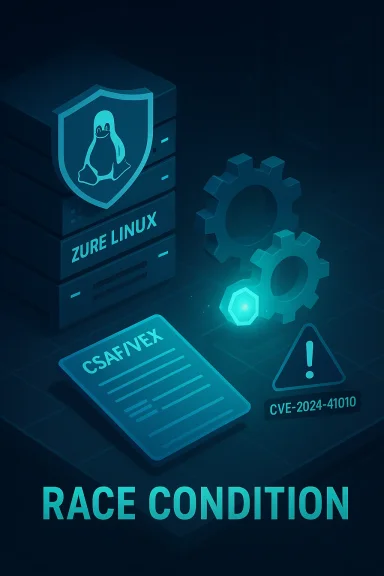 Blue security illustration of a Linux server with a CVE-2024-41010 race condition.
