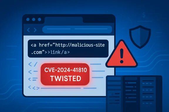 Security alert: CVE-2024-41810 Twisted exploit depicted on a code page.