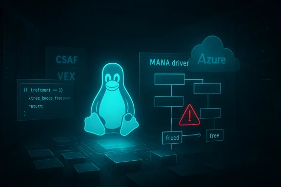 Glowing Linux penguin beside a MANA driver diagram and Azure cloud with a red warning triangle.