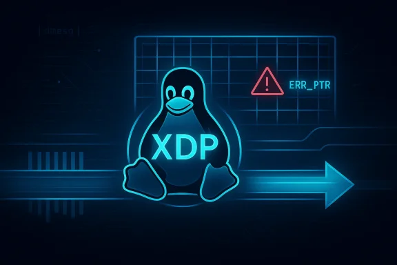 Neon Linux penguin with XDP on a digital circuit, featuring an ERR_PTR warning.