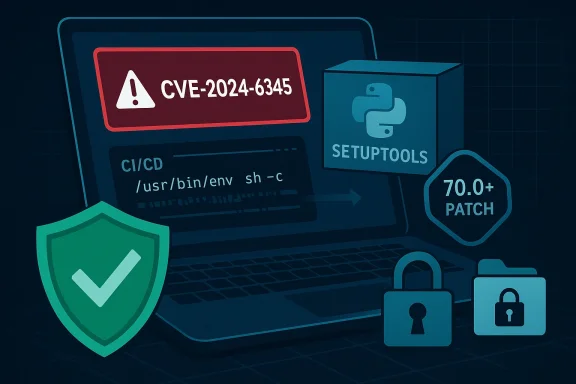 Cybersecurity illustration showing CVE-2024-6345 alert with patching, shields, and locks.