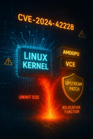 Neon blue Linux kernel chip displays CVE-2024-42228, with an upstream patch shield and relocation function.