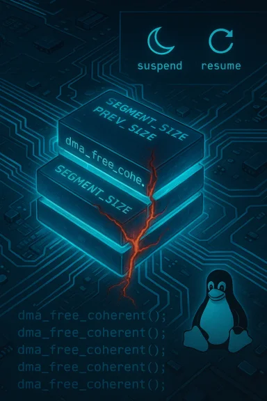 Glowing SEGMENT_SIZE blocks on a blue circuit board, cracked with a Linux penguin nearby.