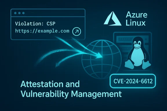 Infographic on attestation and vulnerability management for Azure Linux, highlighting CSP violation and CVE-2024-6612.