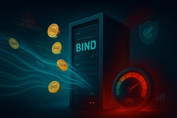 BIND DNS server under load, with data streams and a red-hot CPU gauge.