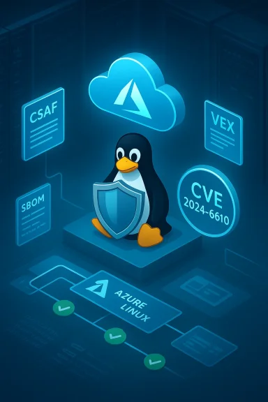 Linux penguin with shield stands before a glowing cloud and security icons for Azure Linux.