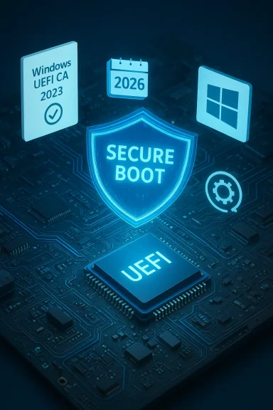 Blue glowing shield labeled SECURE BOOT over a UEFI chip on a motherboard. Blue glowing shield labeled SECURE BOOT over a UEFI chip on a motherboard.